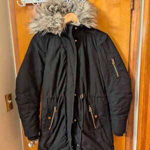 Divided (H&M) Long Warm Winter Coat with Faux Fur Hood, Size 36
